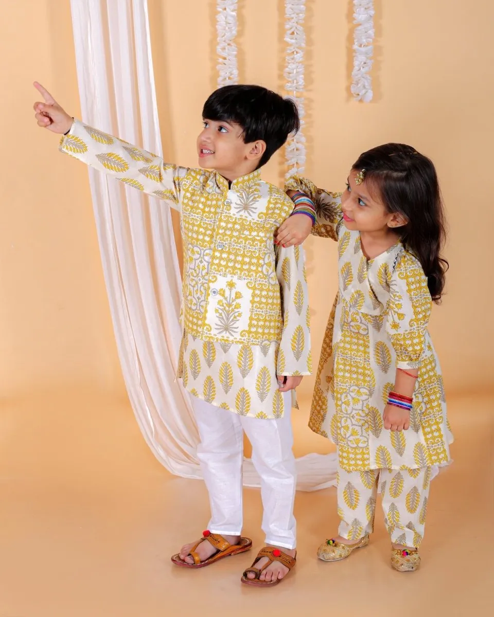 Kids Ethnic Set-Madhupeela Floral Print Girls Anarkali Kurta Set With Boys Jacket Kurta Pajama Set