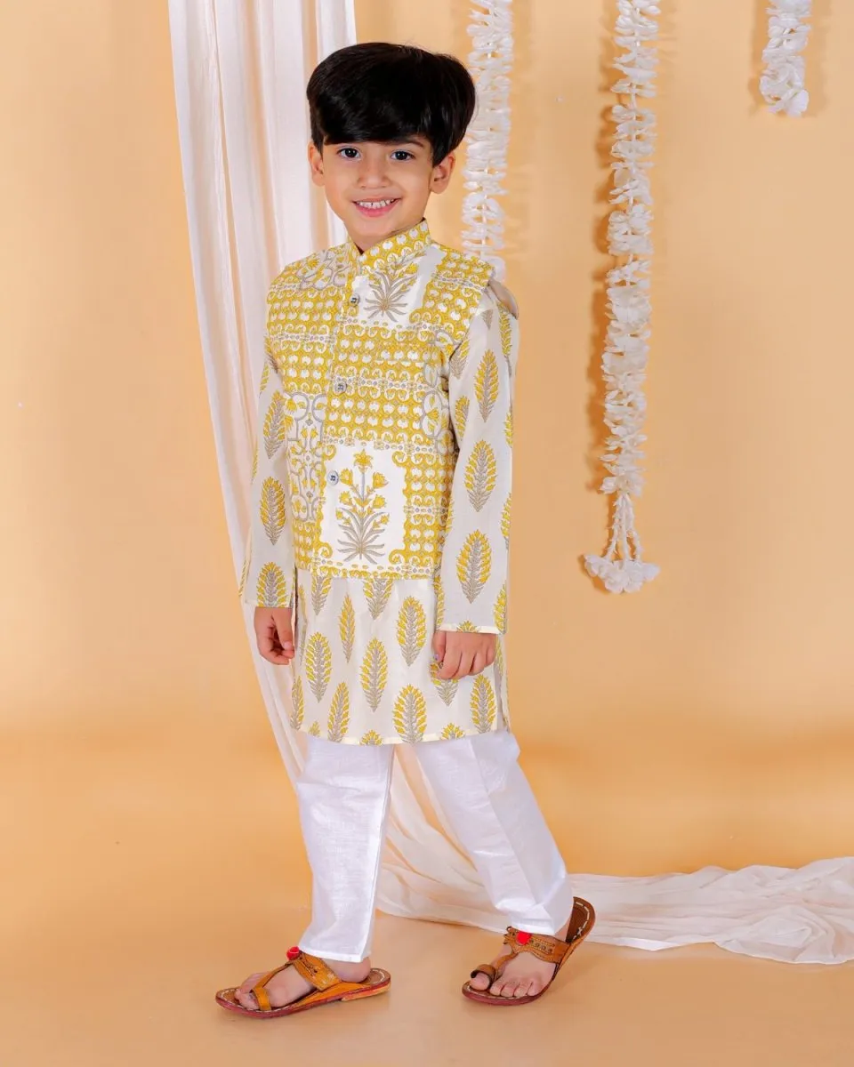 Kids Ethnic Set-Madhupeela Floral Print Girls Anarkali Kurta Set With Boys Jacket Kurta Pajama Set