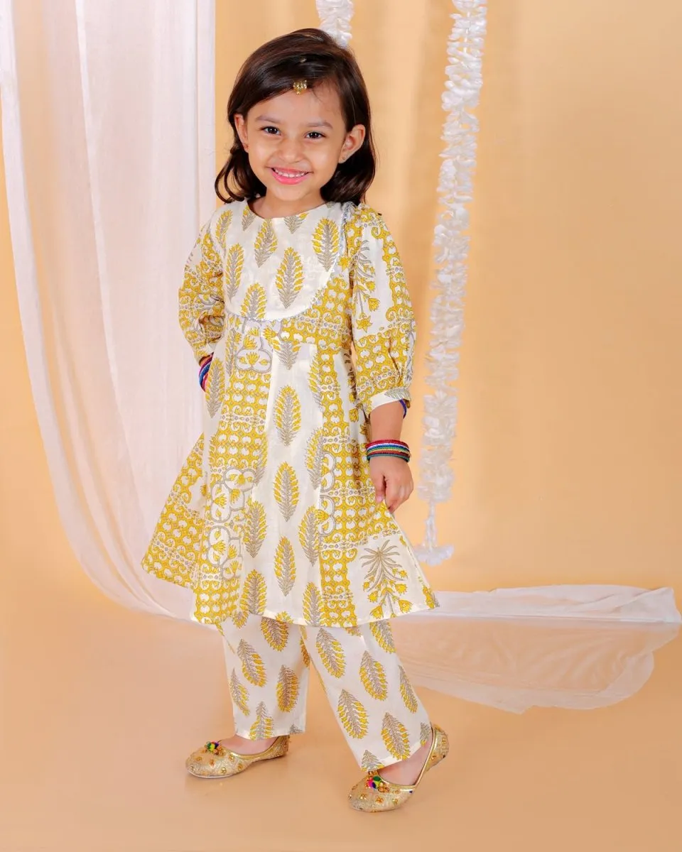 Kids Ethnic Set-Madhupeela Floral Print Girls Anarkali Kurta Set With Boys Jacket Kurta Pajama Set