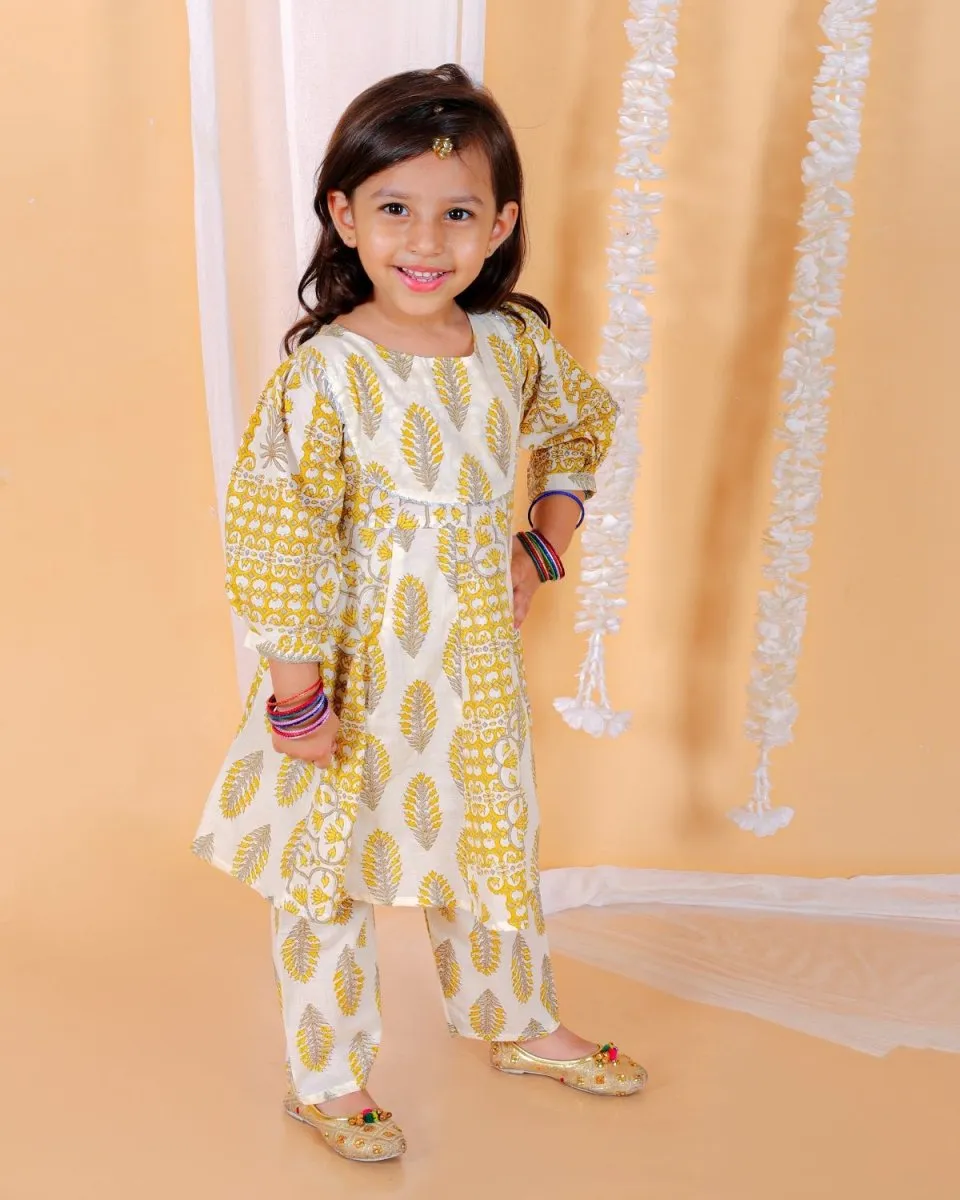 Kids Ethnic Set-Madhupeela Floral Print Girls Anarkali Kurta Set With Boys Jacket Kurta Pajama Set