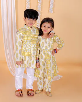 Kids Ethnic Set-Madhupeela Floral Print Girls Anarkali Kurta Set With Boys Jacket Kurta Pajama Set