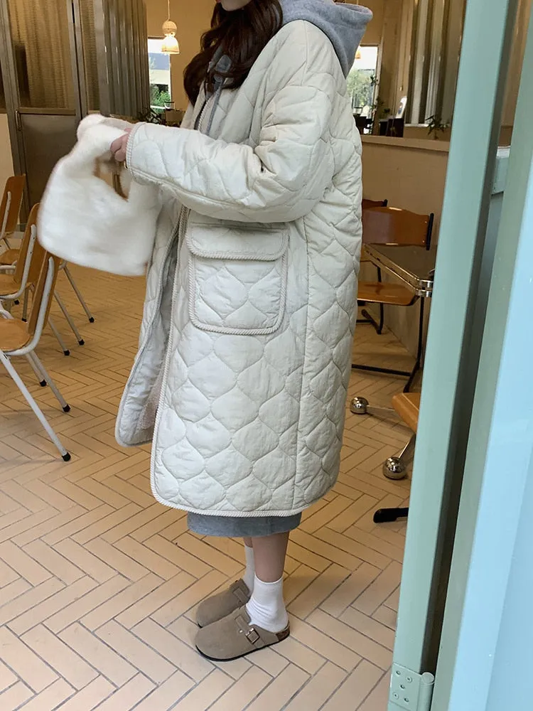 [Korean Style] Collarless Padded Long Parka Puffer Jacket