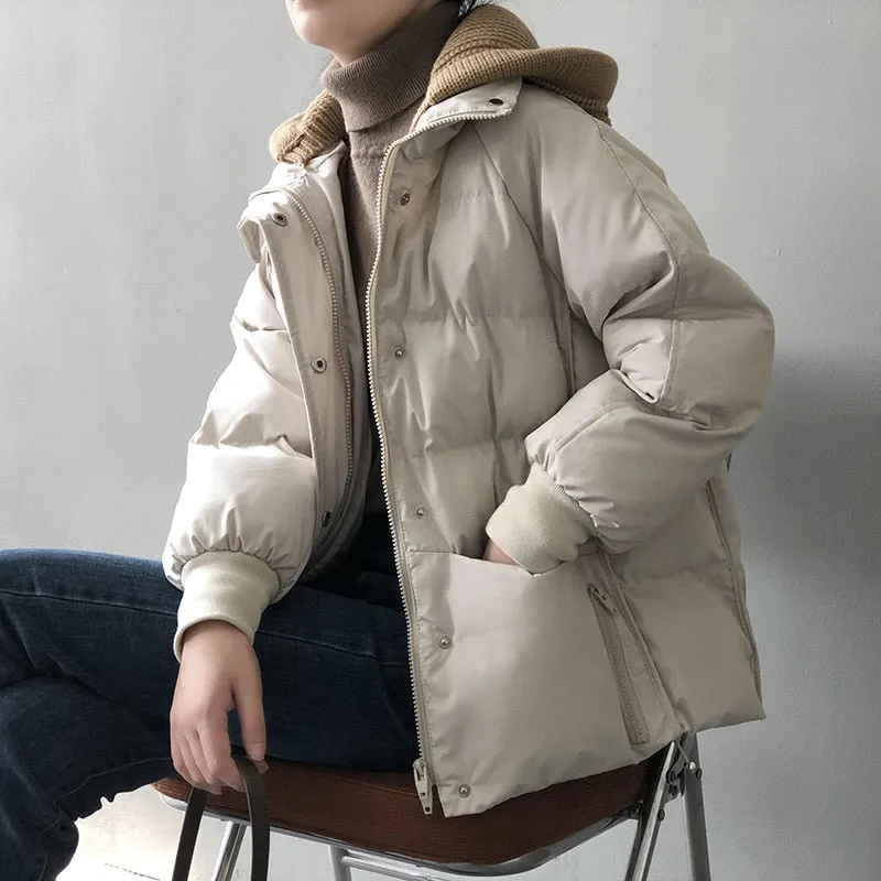 [Korean Style] Detachable Knit Hooded Cotton Padded Crop Puffer Jacket