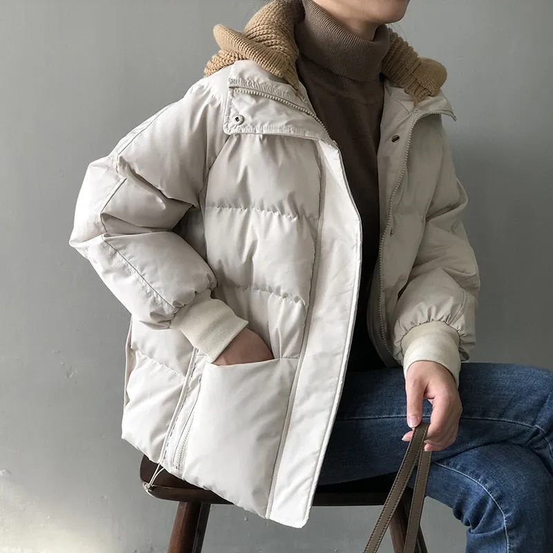 [Korean Style] Detachable Knit Hooded Cotton Padded Crop Puffer Jacket