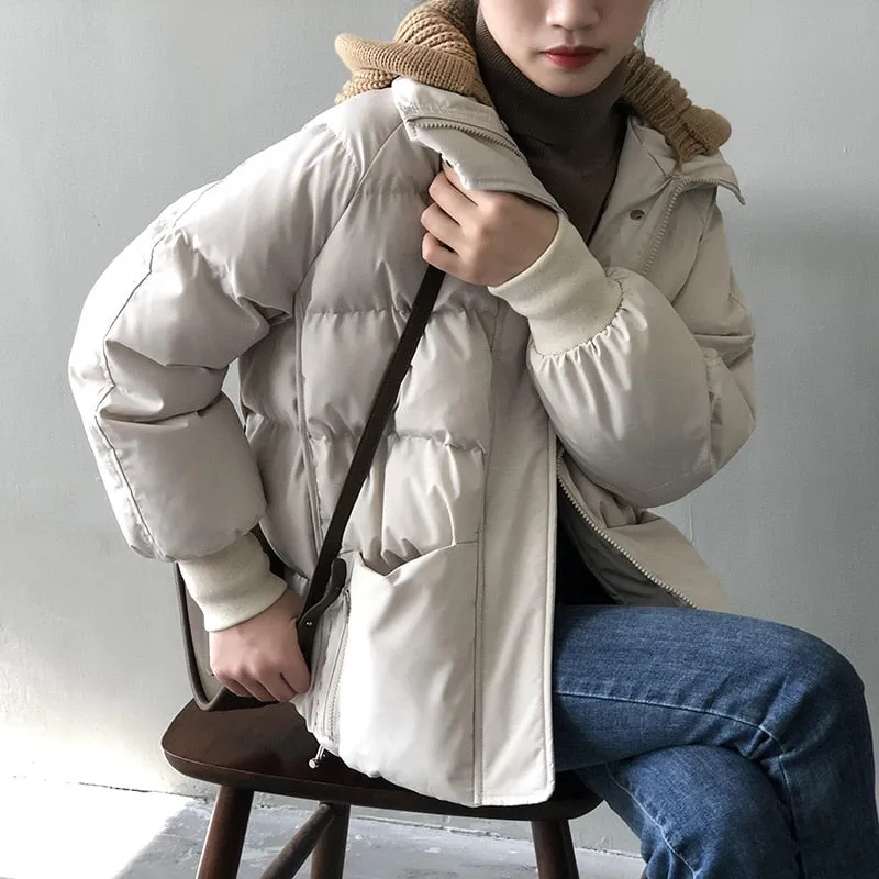 [Korean Style] Detachable Knit Hooded Cotton Padded Crop Puffer Jacket