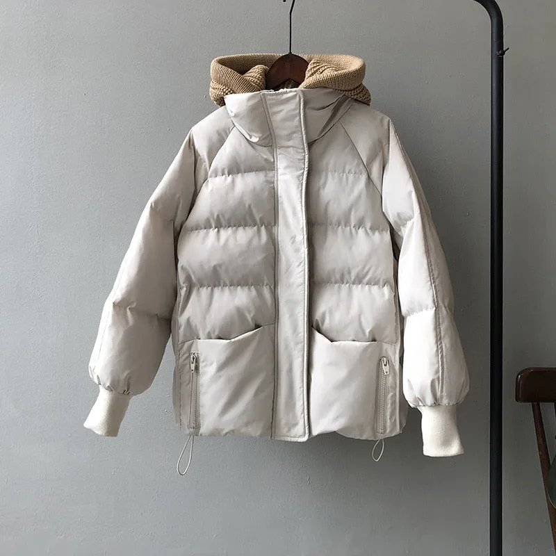 [Korean Style] Detachable Knit Hooded Cotton Padded Crop Puffer Jacket