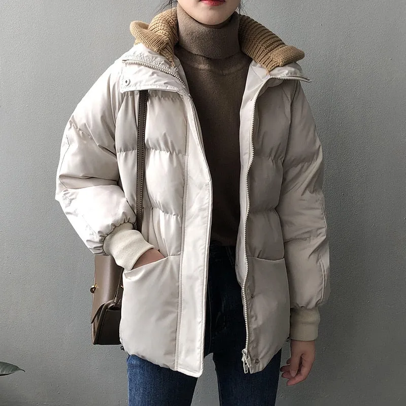 [Korean Style] Detachable Knit Hooded Cotton Padded Crop Puffer Jacket