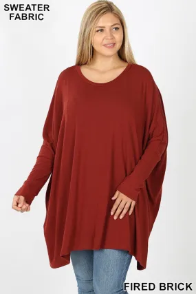 LAST CHANCE SIZE 3XL | PLUS SWEATER FABRIC OVERSIZE ROUND NECK PONCHO in FIRED BRICK