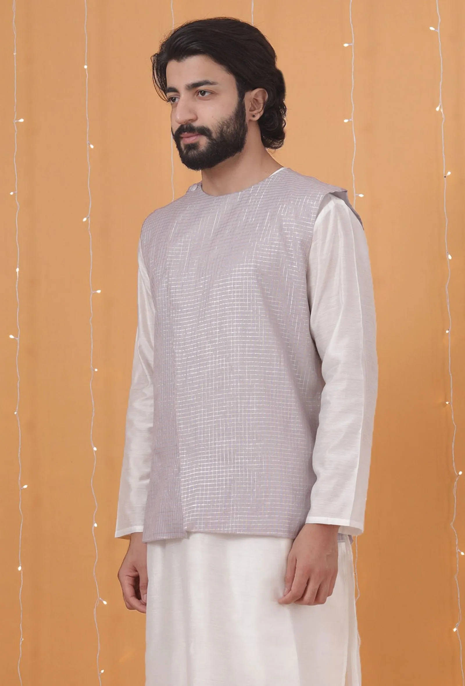 Lavender Chanderi Slant Overlapped Checkered Nehru Jacket