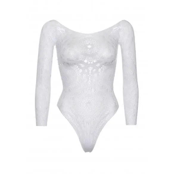 Leg Avenue Crochet Lace Long Sleeved Snap Crotch Thong Back Bodysuit White