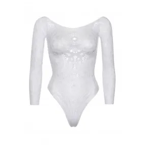 Leg Avenue Crochet Lace Long Sleeved Snap Crotch Thong Back Bodysuit White