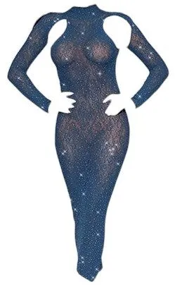 Long-Sleeved Seamless Open Back Bodystocking Gown with Rhinestone Detail Twilight Blue OS