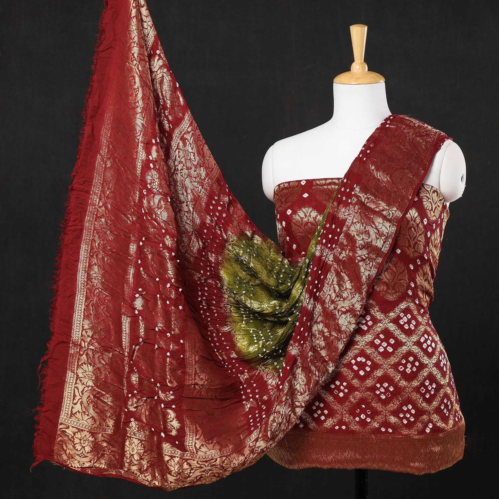 Maroon - 3pc Kutch Bandhani Tie & Dye Jacquard Silk Heavy Zari Work Suit Material Set