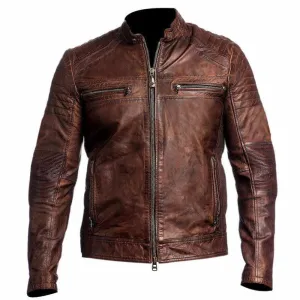 Men Slim Fit Vintage Motorcycle Waxed Leather Jacket