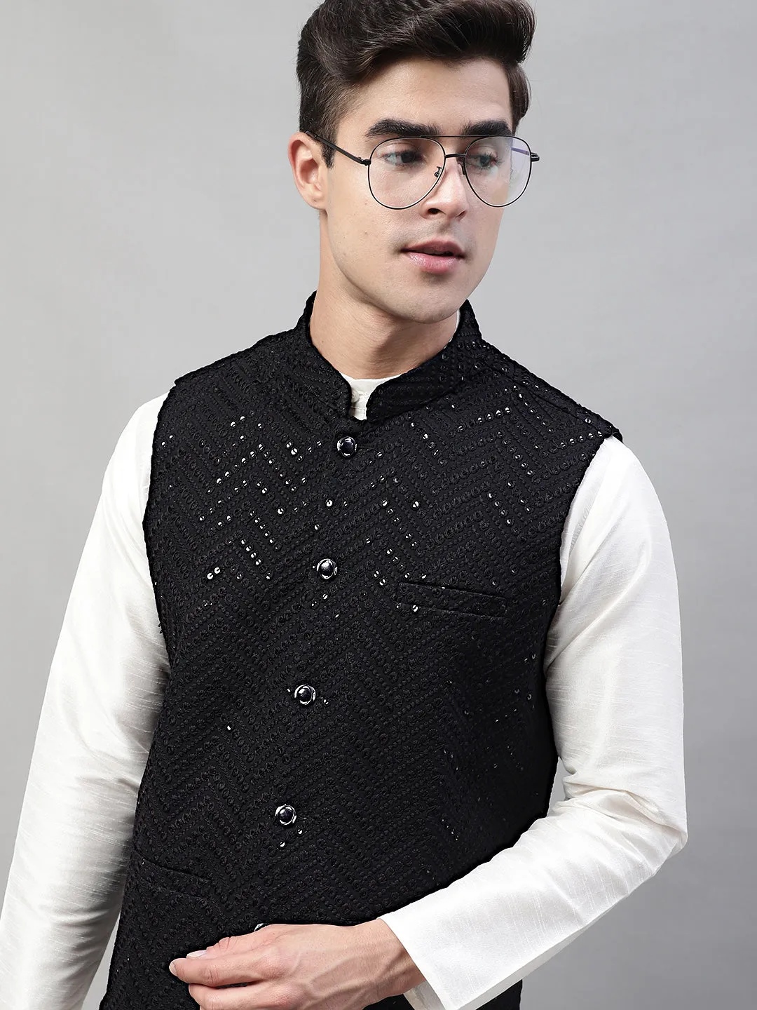 Men White Solid Kurta Pyjama with  Black Embroidered Nehru Jacket