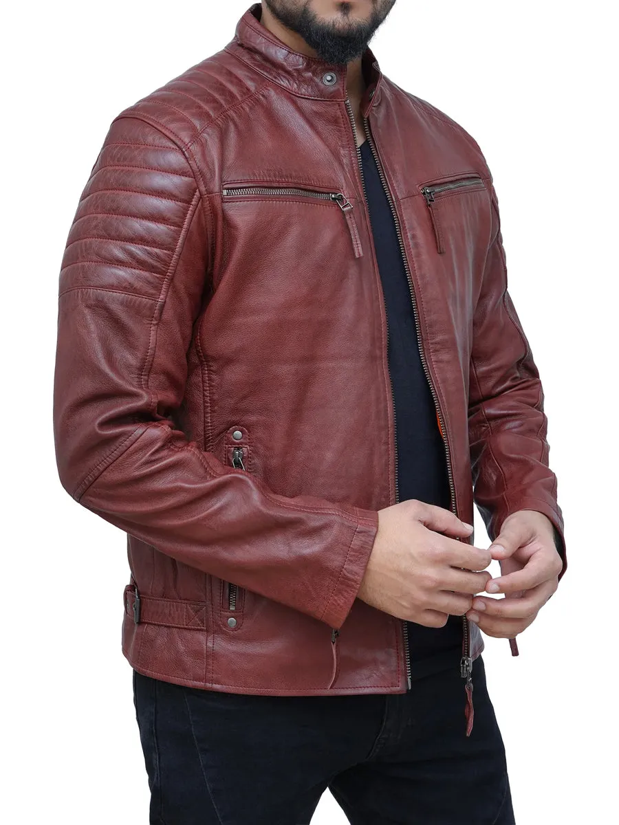 Men's Burgundy Café Racer Leather Jacket