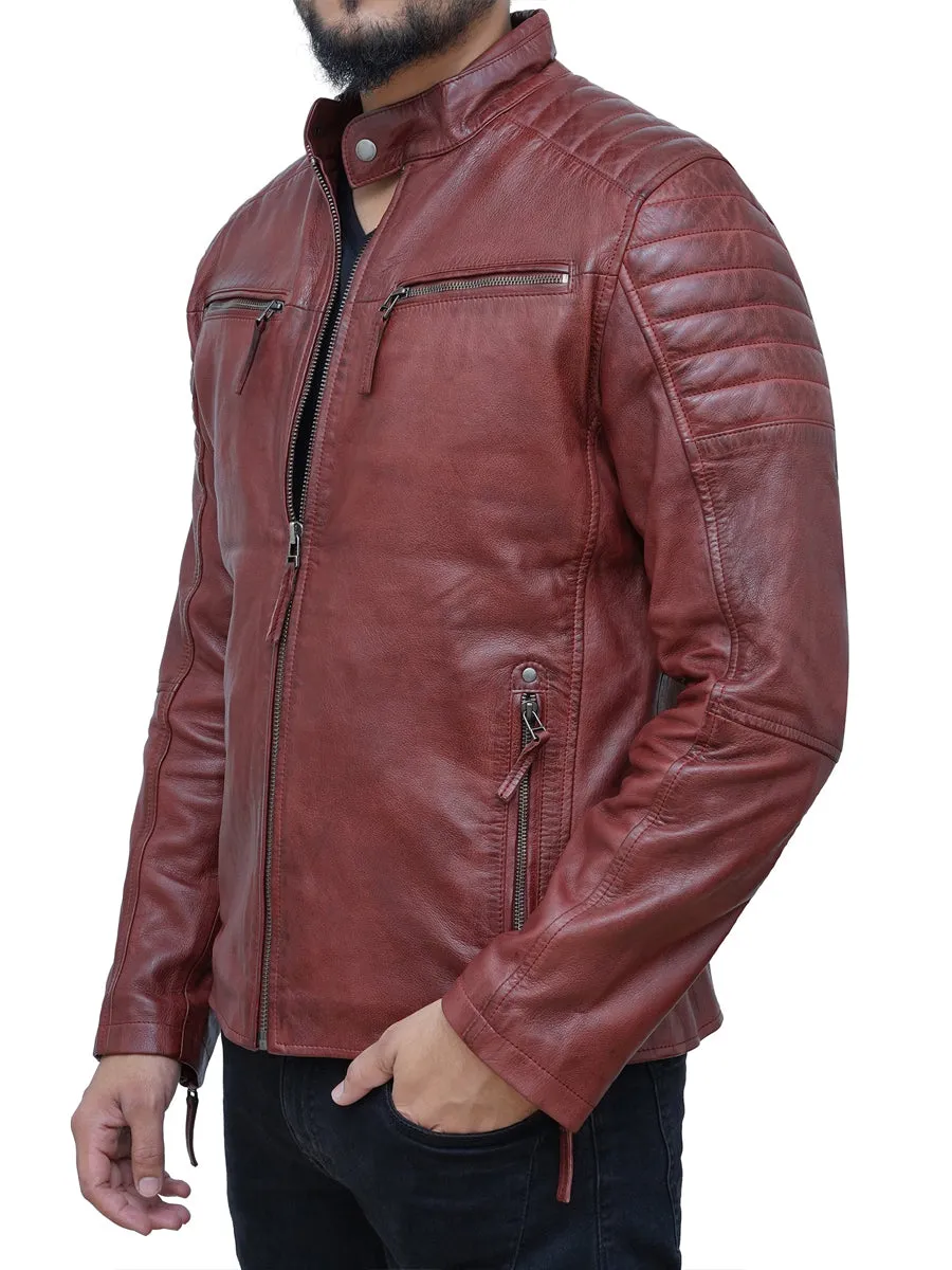 Men's Burgundy Café Racer Leather Jacket