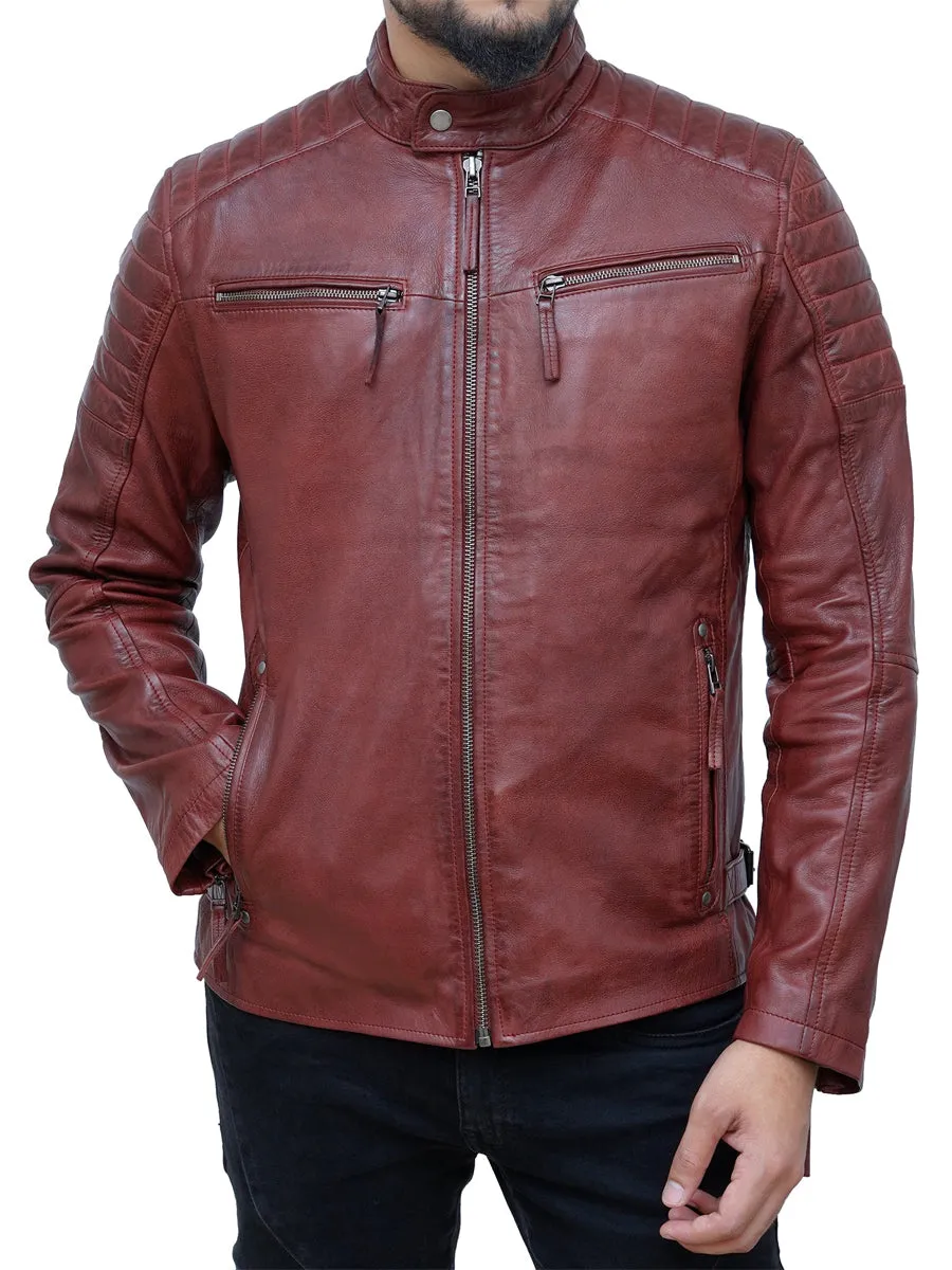 Men's Burgundy Café Racer Leather Jacket