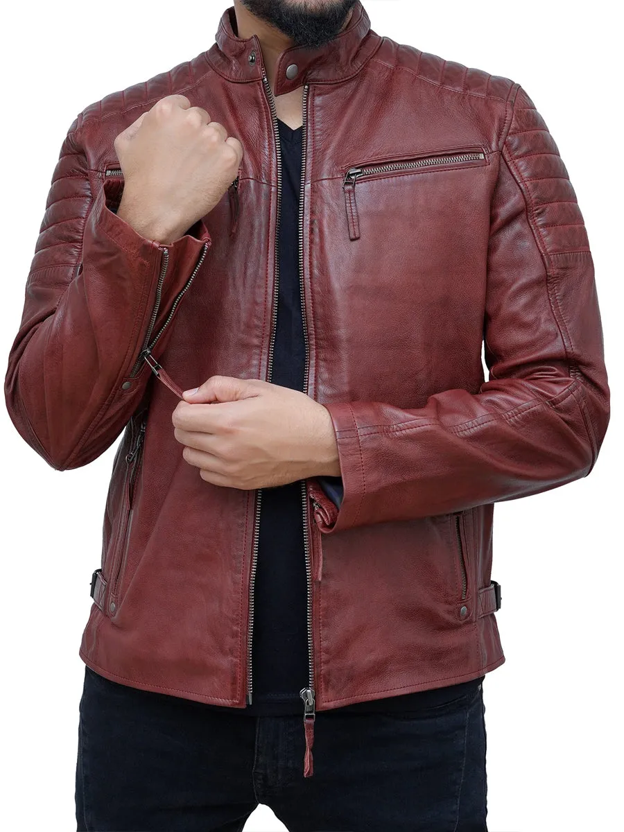 Men's Burgundy Café Racer Leather Jacket