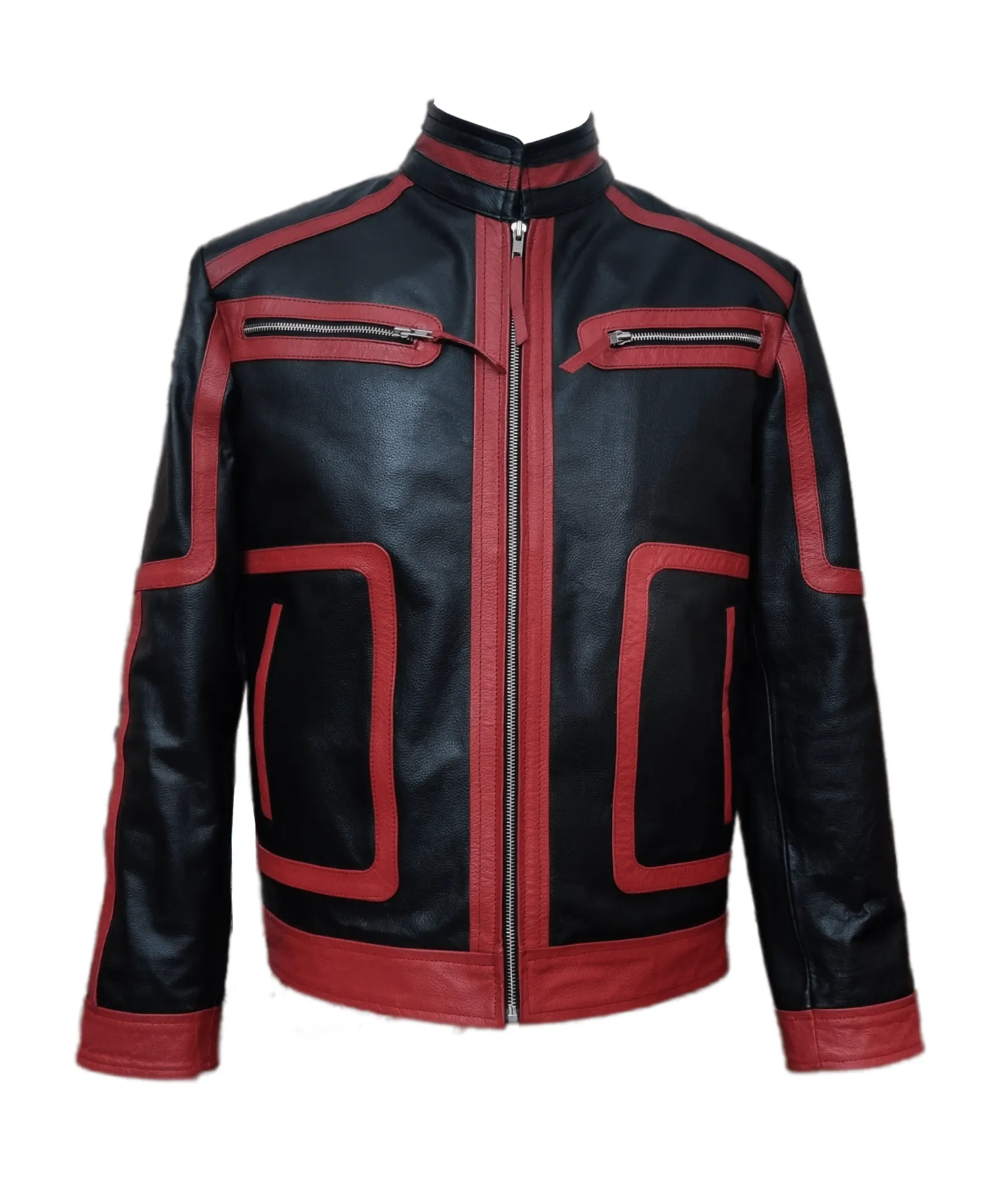 Mens Genuine Leather Jacket Biker Style Black with Red Contrast Slim Fit Casual Jacket - JAC4