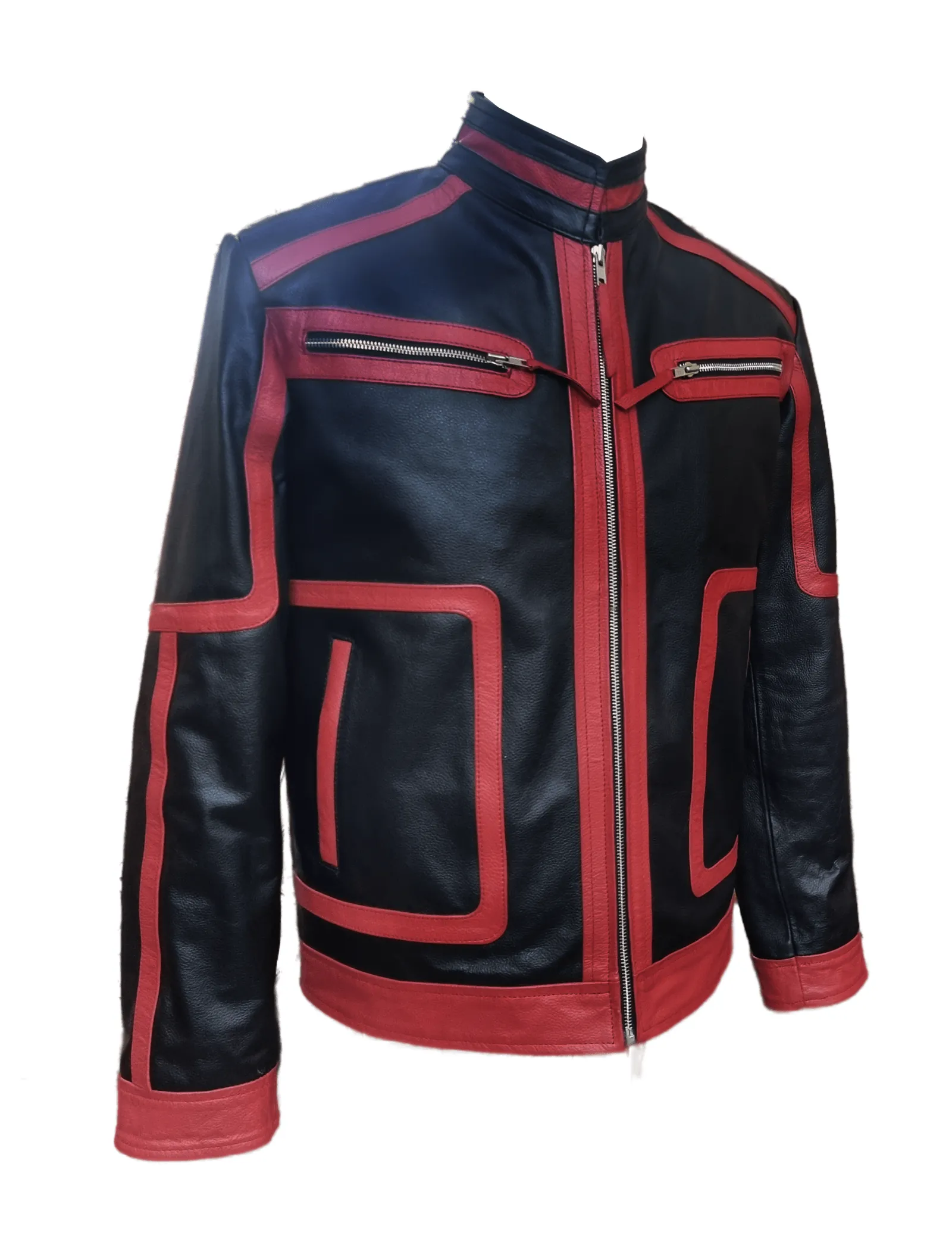 Mens Genuine Leather Jacket Biker Style Black with Red Contrast Slim Fit Casual Jacket - JAC4