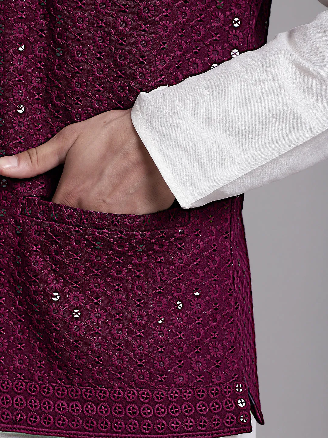 Men's Purple Sequins and Embroidred Nehru Jacket With Solid Kurta Pyjama.