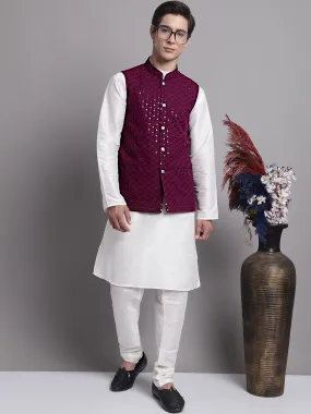 Men's Purple Sequins and Embroidred Nehru Jacket With Solid Kurta Pyjama.