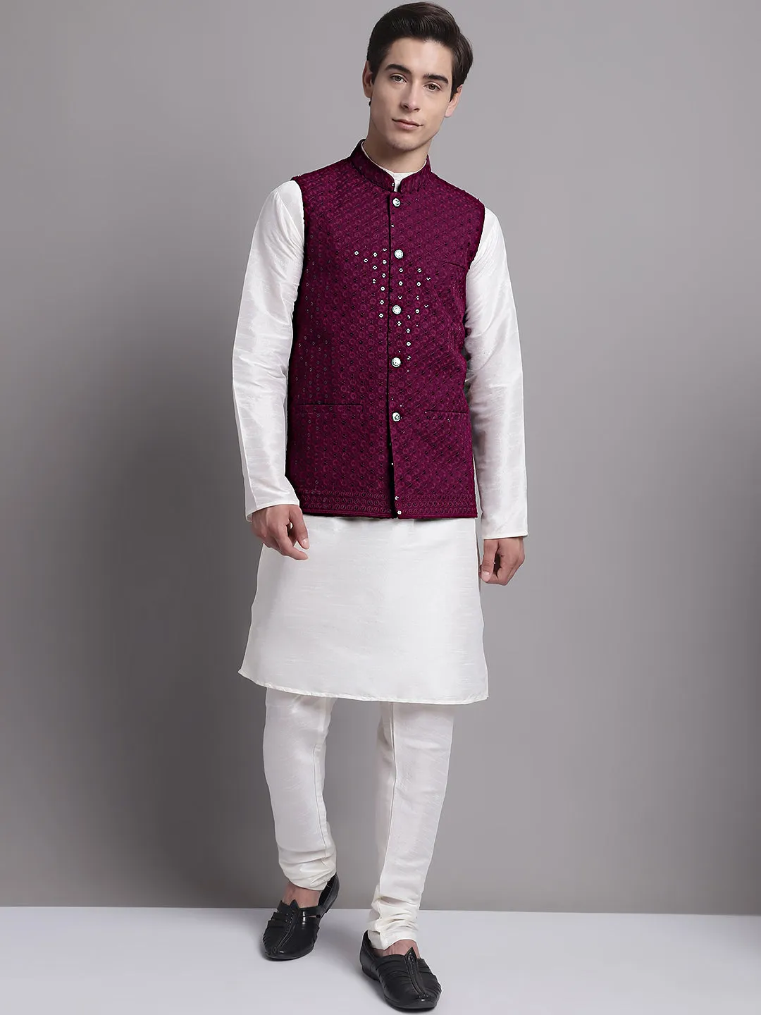 Men's Purple Sequins and Embroidred Nehru Jacket With Solid Kurta Pyjama.