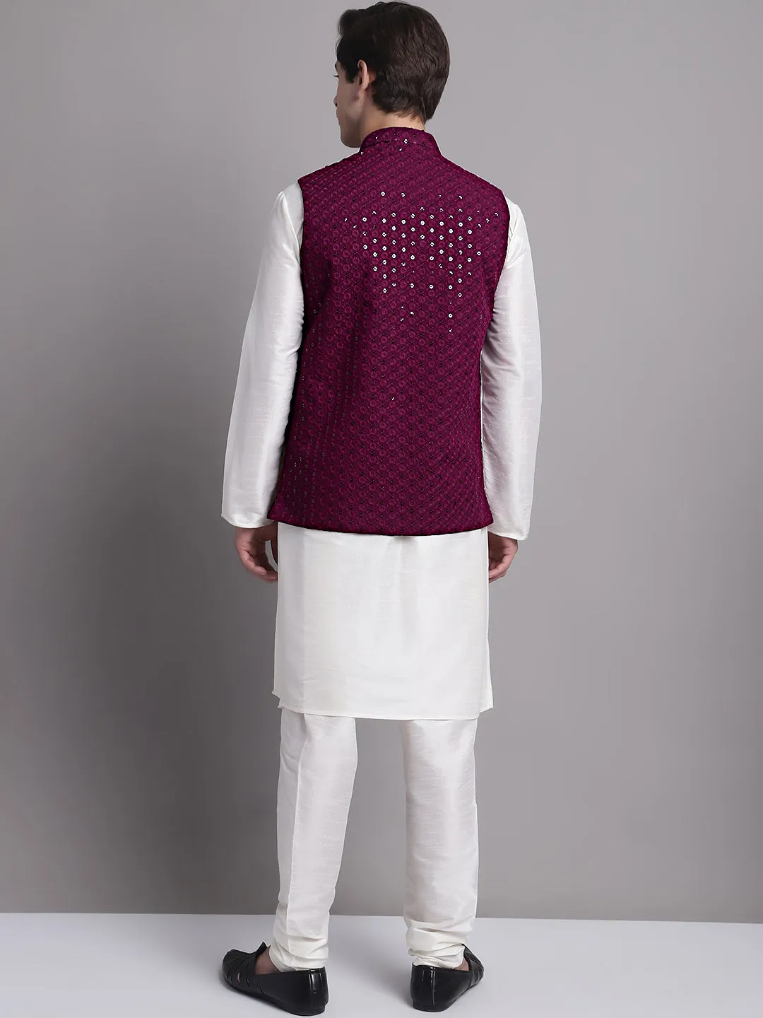 Men's Purple Sequins and Embroidred Nehru Jacket With Solid Kurta Pyjama.