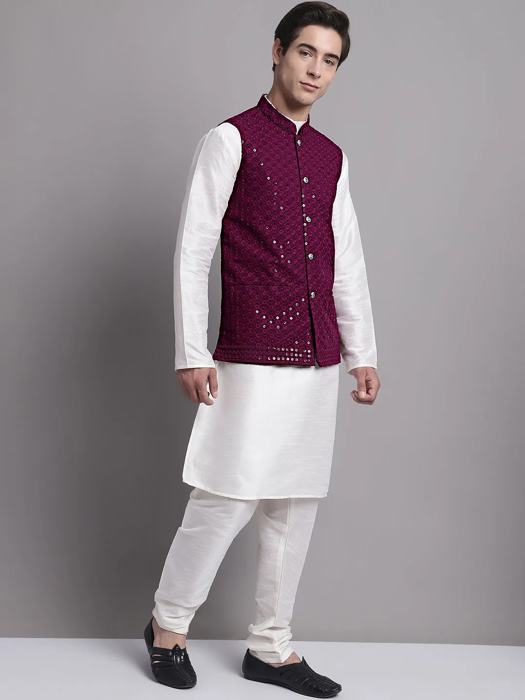 Men's Purple Sequins and Embroidred Nehru Jacket With Solid Kurta Pyjama.