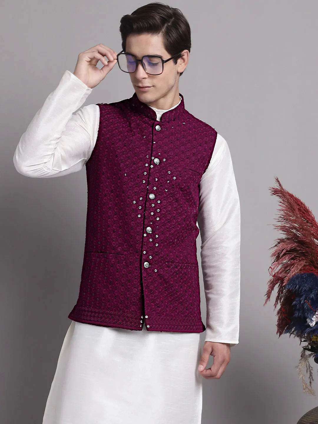 Men's Purple Sequins and Embroidred Nehru Jacket With Solid Kurta Pyjama.