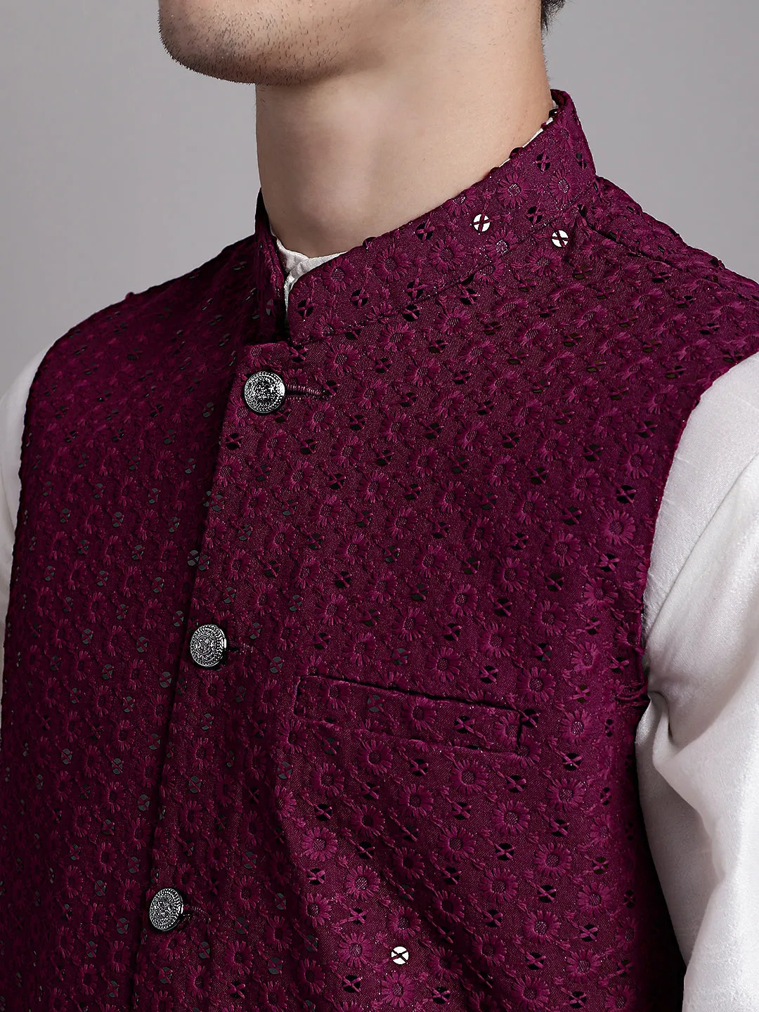 Men's Purple Sequins and Embroidred Nehru Jacket With Solid Kurta Pyjama.