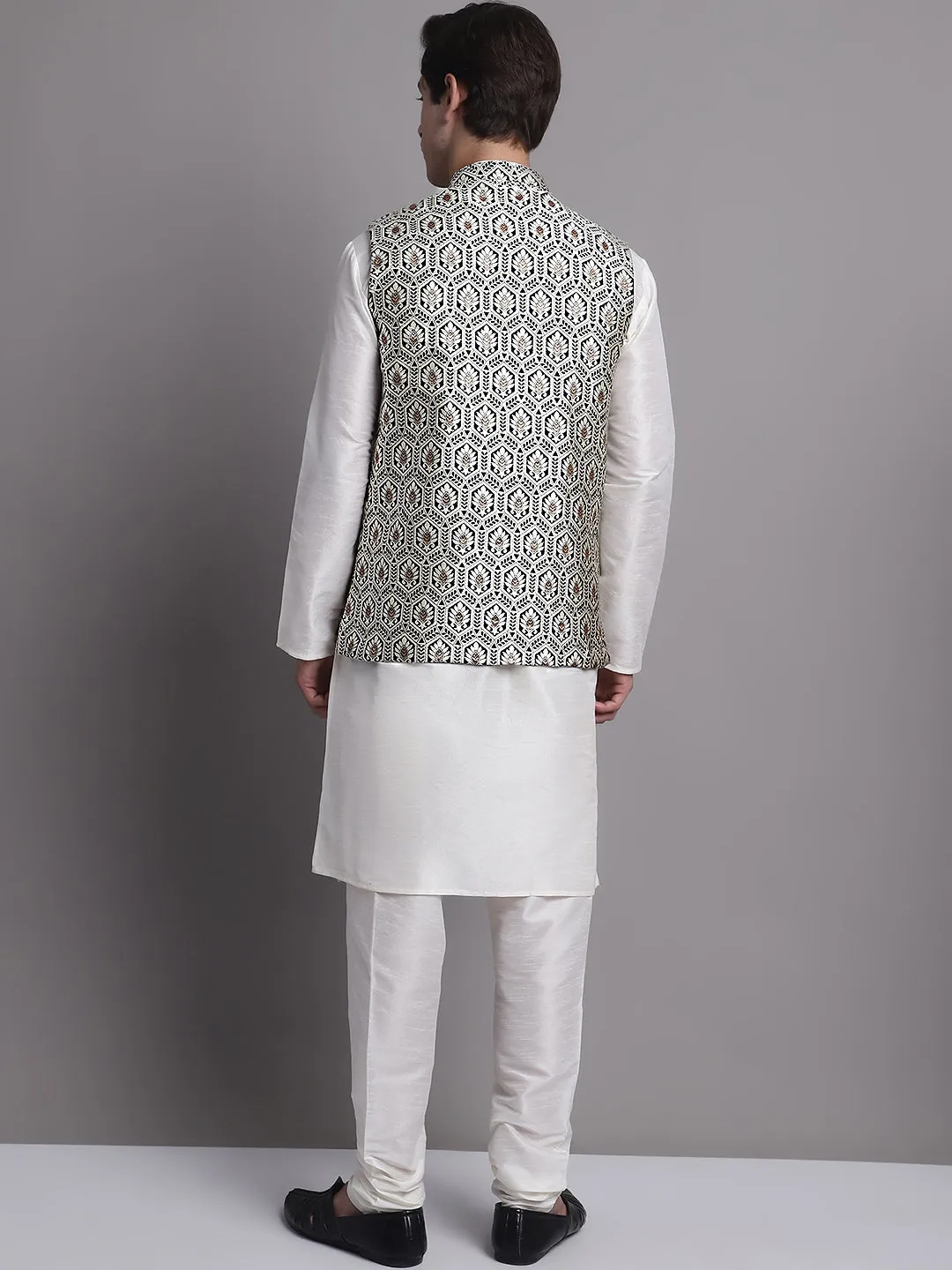 Men's Silver and Navy Blue Woven Design Nehru Jacket With Solid Kurta Pyjama.