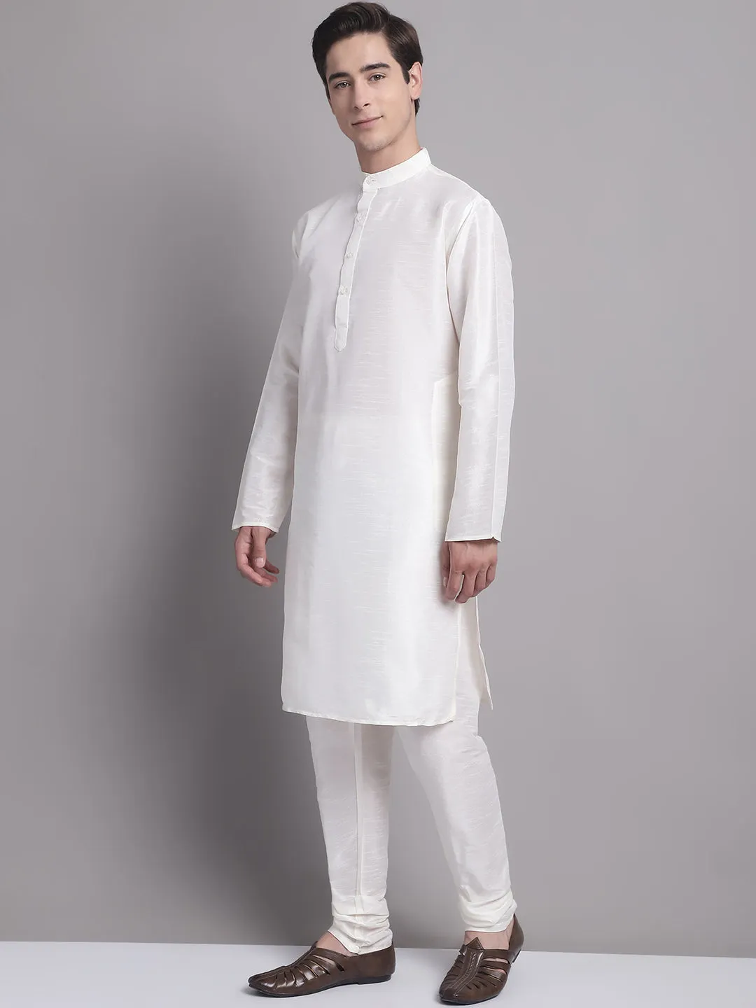 Men's Silver and Navy Blue Woven Design Nehru Jacket With Solid Kurta Pyjama.