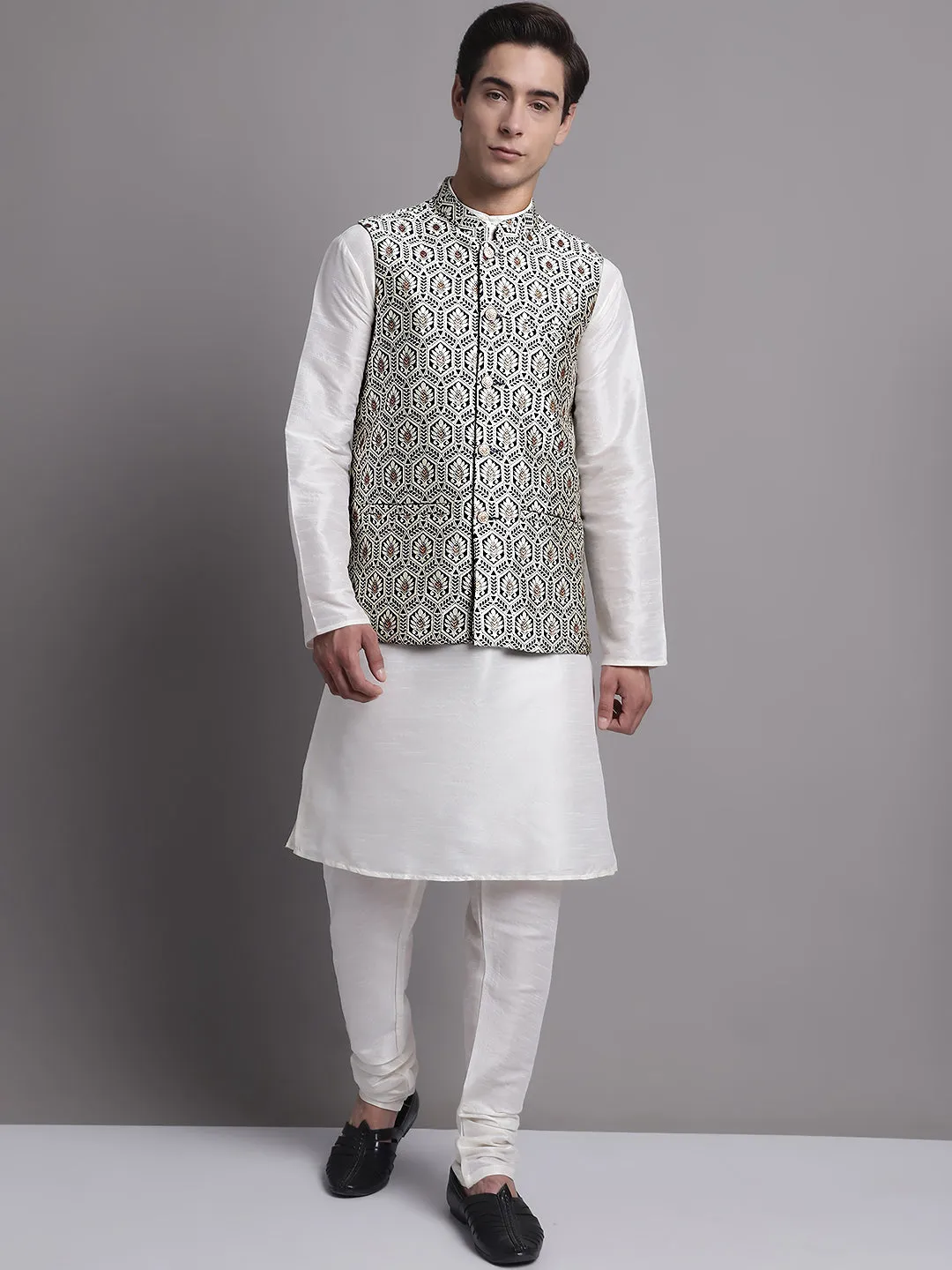 Men's Silver and Navy Blue Woven Design Nehru Jacket With Solid Kurta Pyjama.