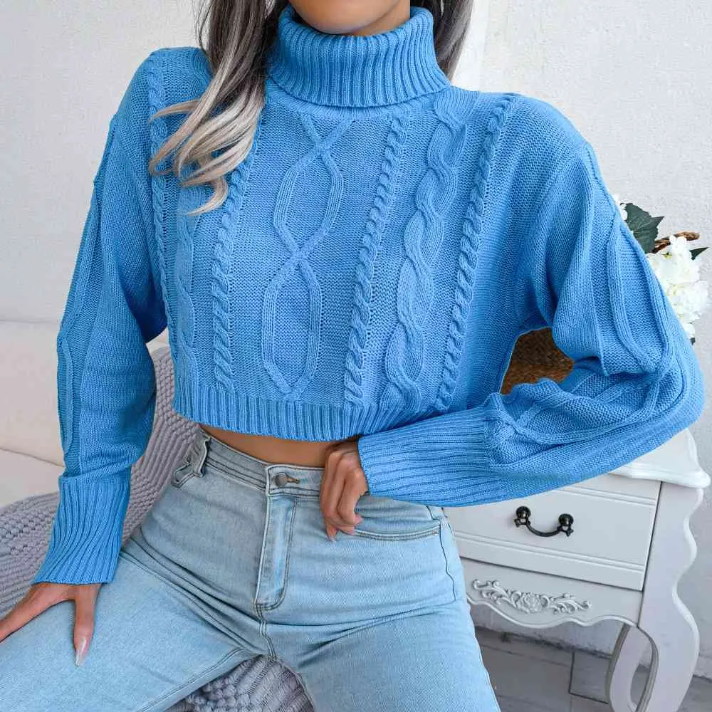 Mixed Knit Turtleneck Cropped Sweater