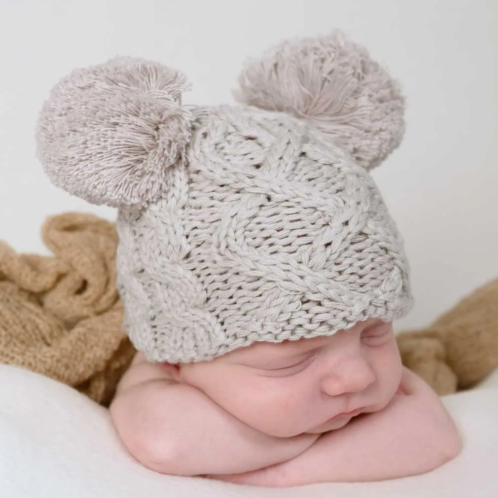 Newborn Aran Birch Double Pom Pom Beanie Hat Infant