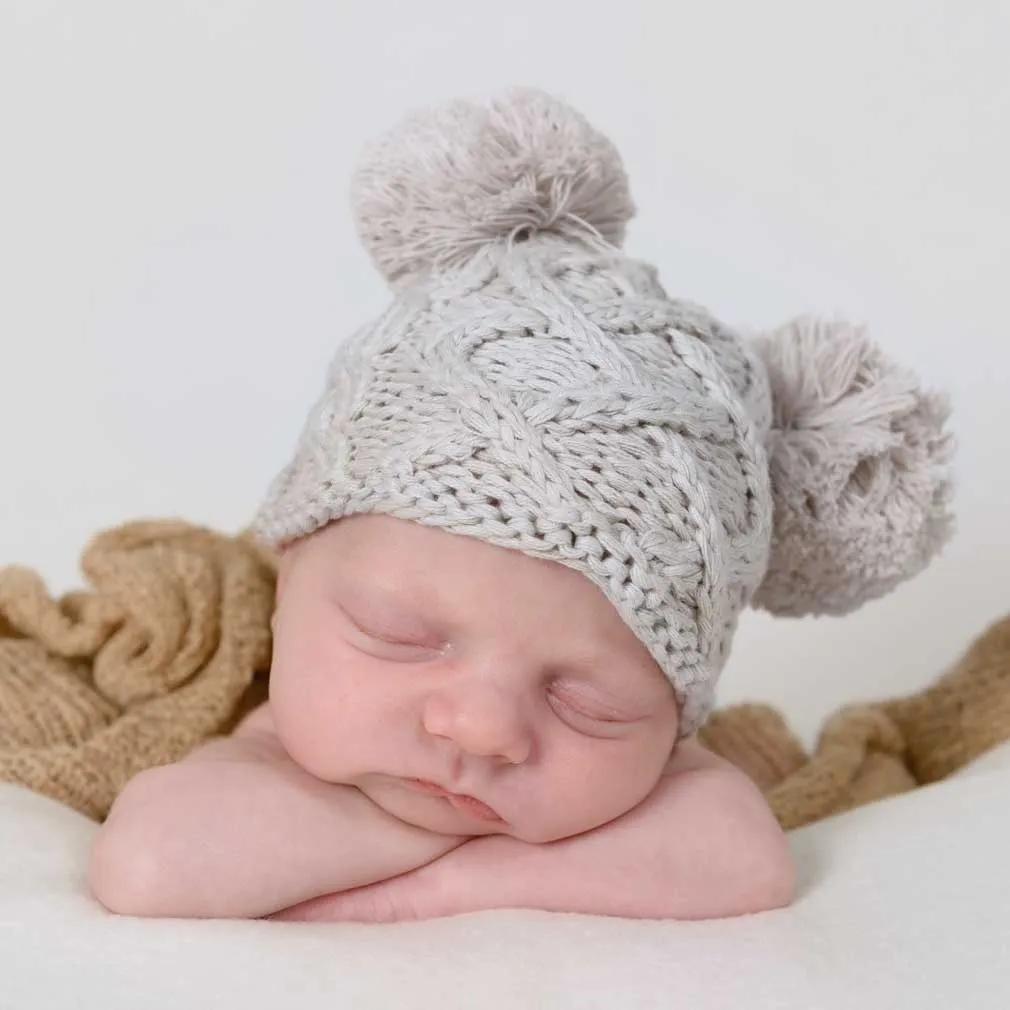 Newborn Aran Birch Double Pom Pom Beanie Hat Infant