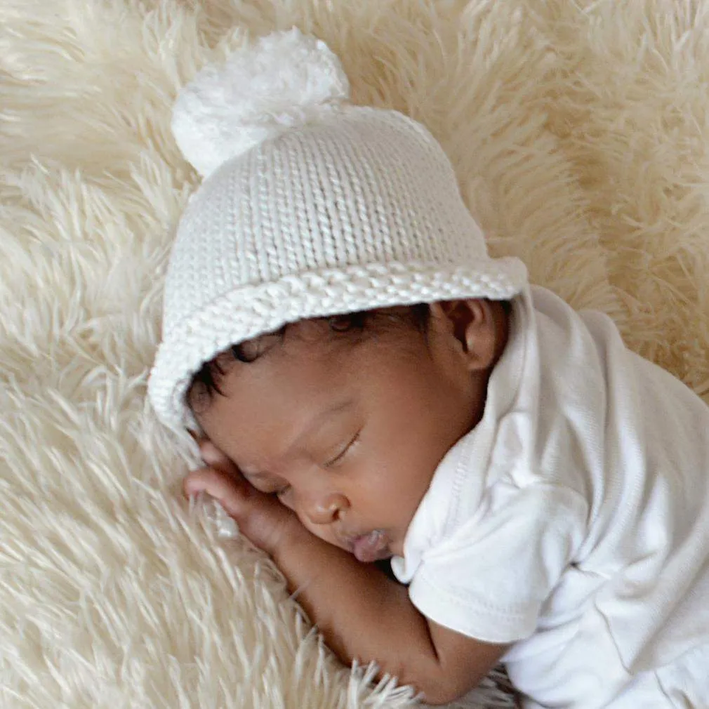 Newborn White Pom Pom Beanie Hat Infant