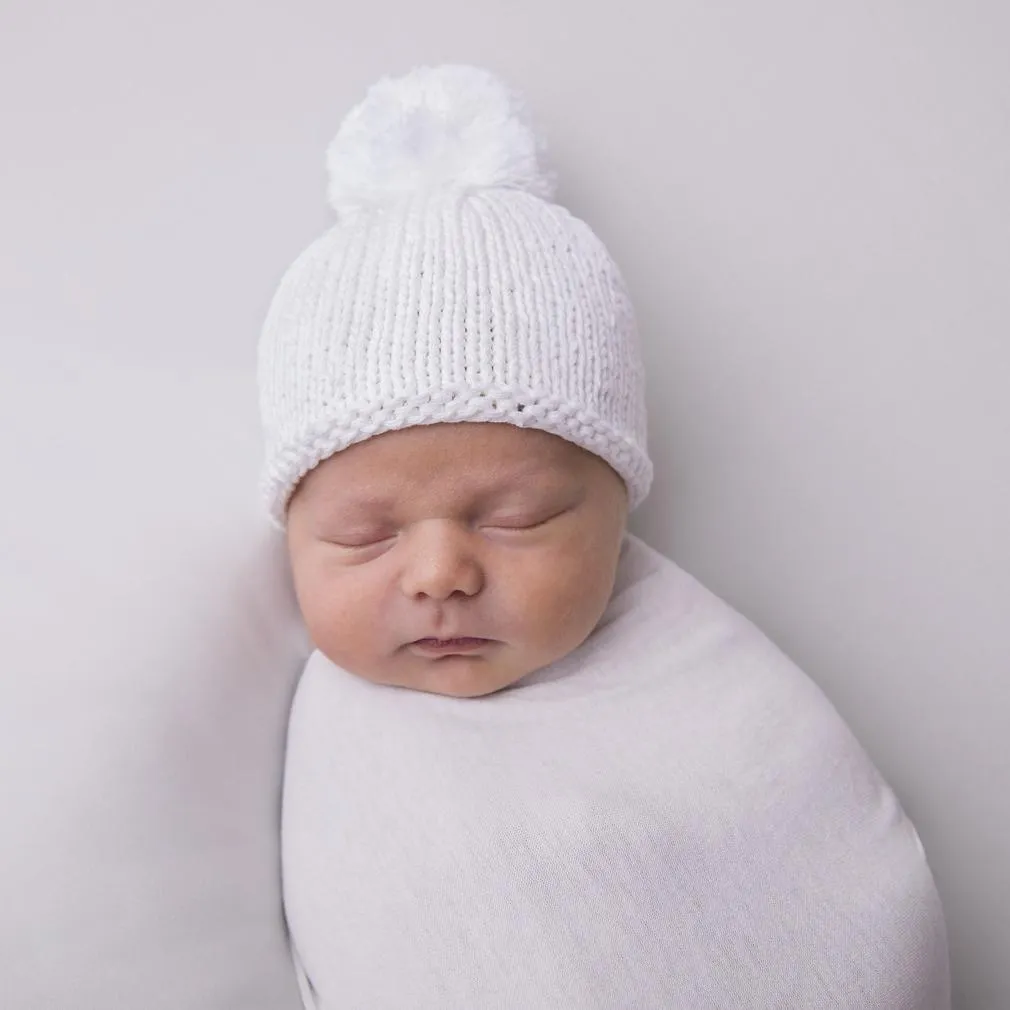 Newborn White Pom Pom Beanie Hat Infant