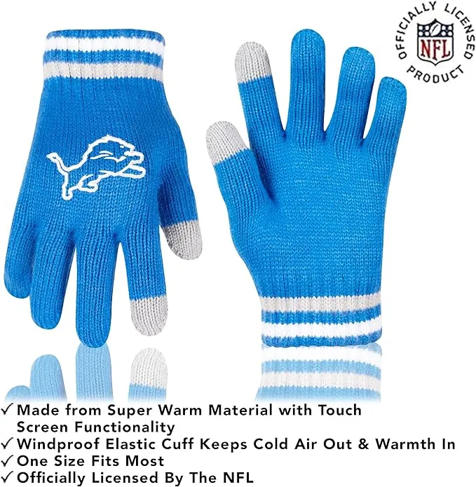 NFL Detroit Lions Official Adults Super Soft Winter Beanie Knit Hat with Extra Warm Touch Screen Gloves|Detroit Lions