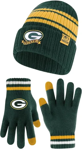 NFL Green Bay Packers Womens Super Soft Team Stripe Winter Beanie Knit Hat with Extra Warm Touch Screen Gloves|Green Bay Packers