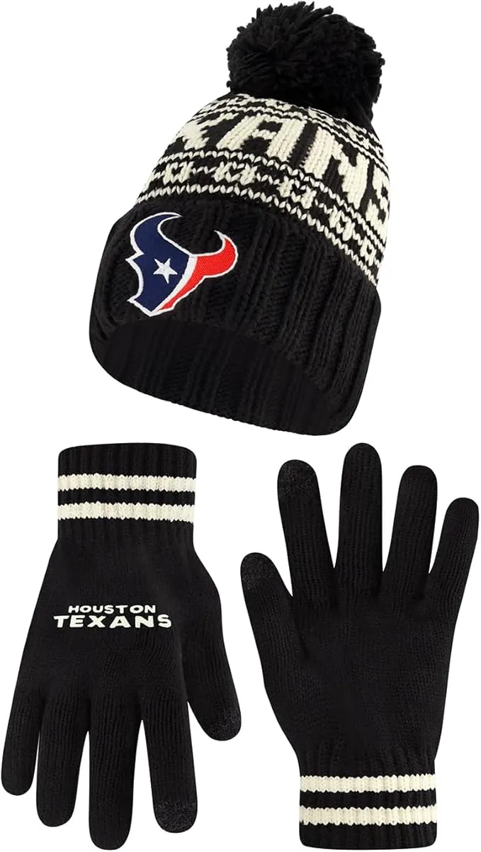 NFL Official Adults Super Soft Cable Knit Winter Beanie Knit Hat with Extra Warm Touch Screen Gloves|Houston Texans