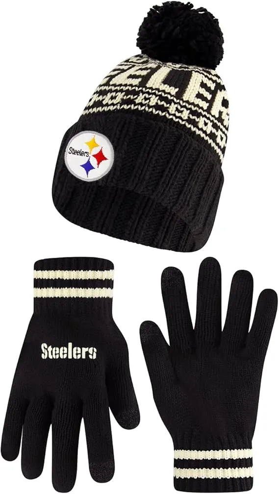 NFL Official Adults Super Soft Cable Knit Winter Beanie Knit Hat with Extra Warm Touch Screen Gloves|Pittsburgh Steelers