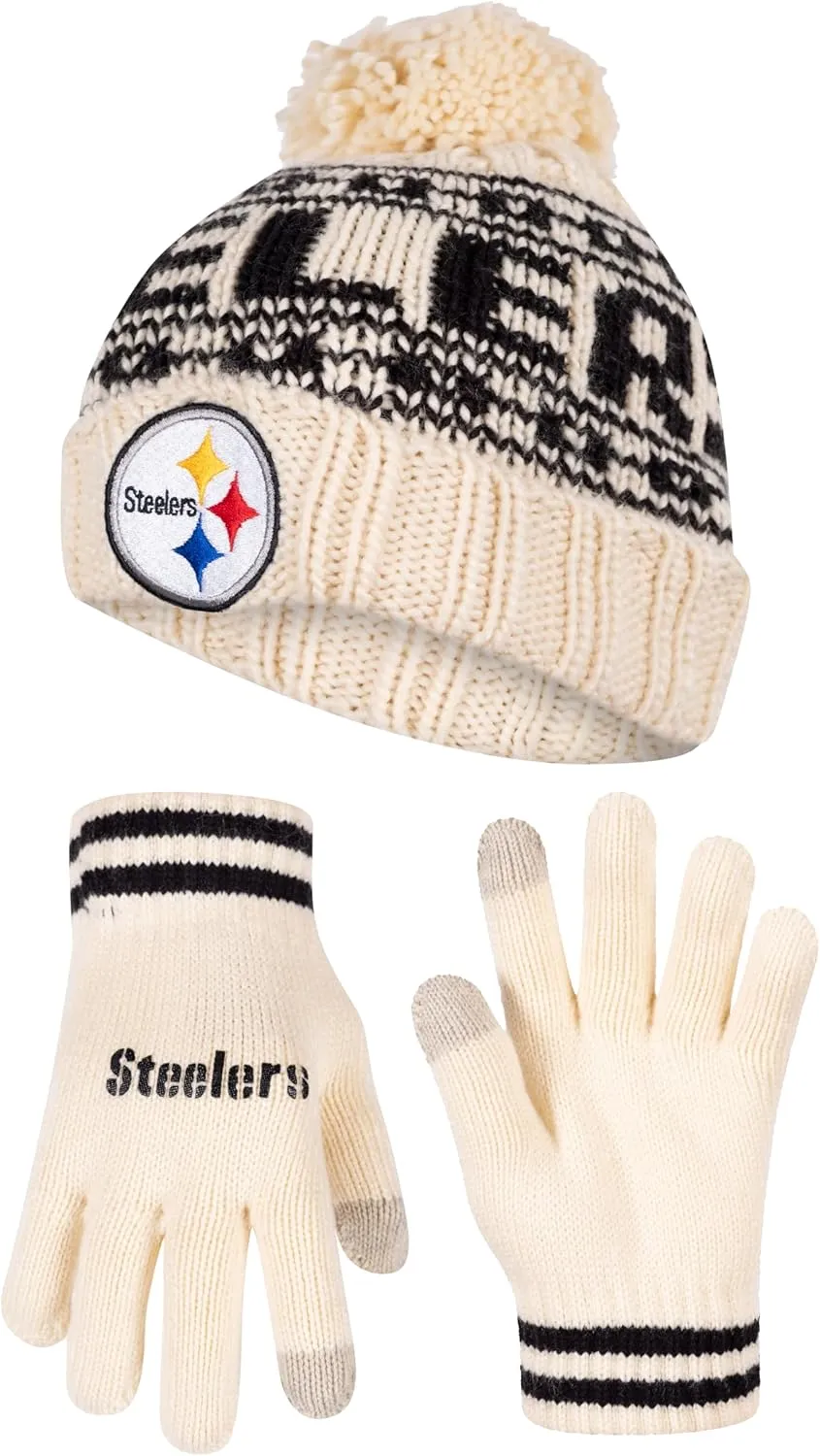 NFL Official Adults Super Soft Cable Knit Winter Beanie Knit Hat with Extra Warm Touch Screen Gloves|Pittsburgh Steelers