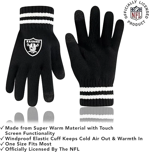 NFL Official Adults Super Soft Marled Winter Beanie Knit Hat with Extra Warm Touch Screen Gloves|Las Vegas Raiders