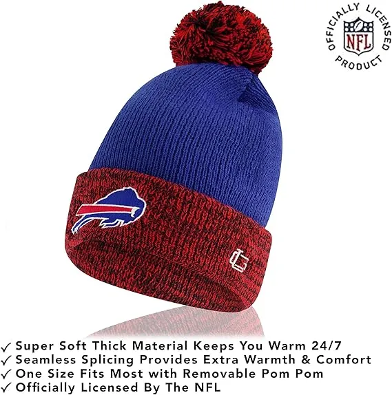 NFL Official Adults Super Soft Two Tone Winter Beanie Knit Hat with Extra Warm Touch Screen Gloves|Buffalo Bills