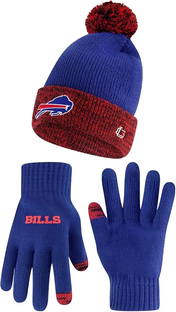 NFL Official Adults Super Soft Two Tone Winter Beanie Knit Hat with Extra Warm Touch Screen Gloves|Buffalo Bills