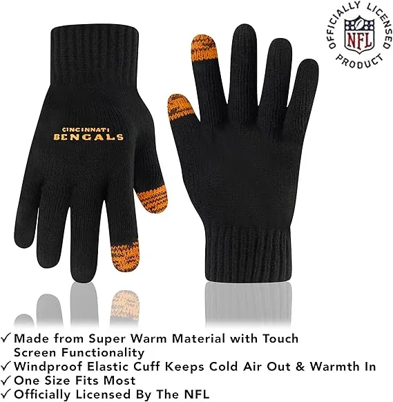 NFL Official Adults Super Soft Two Tone Winter Beanie Knit Hat with Extra Warm Touch Screen Gloves|Cincinnati Bengals