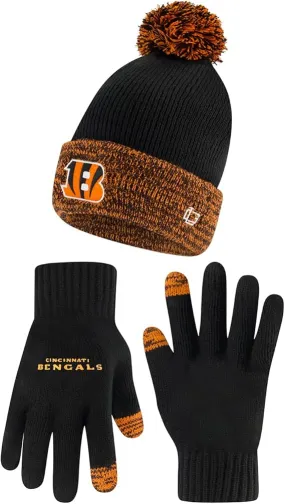 NFL Official Adults Super Soft Two Tone Winter Beanie Knit Hat with Extra Warm Touch Screen Gloves|Cincinnati Bengals